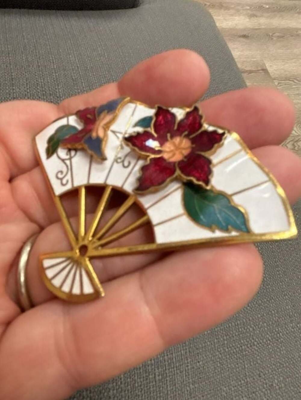 Vintage Cloisonne Enamel Gold Tone Fan Brooch with Floral and Butterfly Motifs